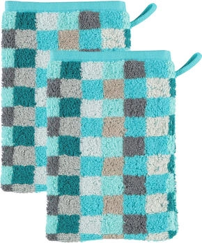 Cawö Walk-Frottier Jacquard Waschhandschuh Unique Karo im 2er-Pack gruen/blau/grau 16x22 cm