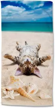 Good Morning Strandtuch "Beachcat" Polyvelours, beige/blau, 75x150cm