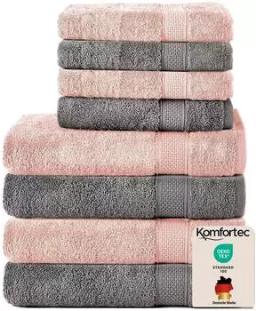 Komfortec Handtuch-Set 8-tlg. 100% Baumwolle, 4x50x100cm & 4x70x140cm, anthrazit/rosa (4er-50x100-und-4er-70x140-anthrazit-rosa)