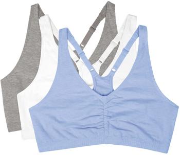 Fruit of the Loom Verstellbarer Sport Geraffter Vorderseite Racerback BH Heather Grey White Blue Gem 3er Pack