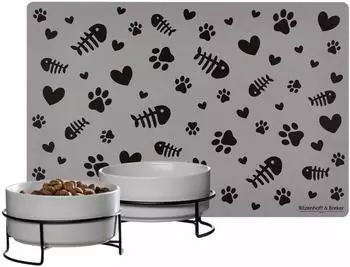 Ritzenhoff & Breker Taro Katzennapf-Set mit Unterlage, Steingut, grau, &oslash;14cm, 2er-Set