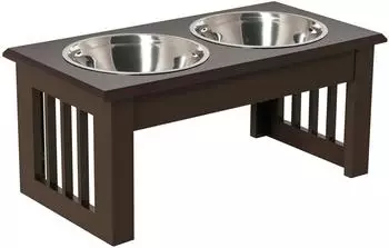 Pawhut Erh&ouml;hter Hundenapf 2 Edelstahln&auml;pfe 0,9L MDF braun