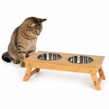 Lionto Katzennapfständer aus Bambus, höhenverstellbar, 2 Edelstahlnäpfe (2×0,7L)