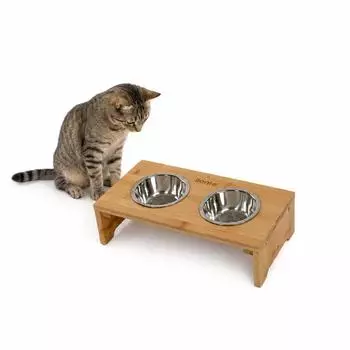 Lionto Katzennapfständer aus Bambus mit 2 Edelstahlnäpfen, 40x20x10cm