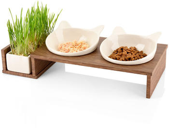 CanadianCat Company Futterbar "Cat Diner" für Katzen mit dritter Schale aus Keramik mit Holzoptikständer