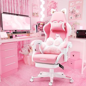 Vigosit Cute Gaming Stuhl mit Katzenpfote Lendenkissen und Katzenohren, Ergonomischer Gamer Stuhl mit Fu&szlig;st&uuml;tze, Verstellbarer PC-Spielesessel f&uuml;r M&auml;dchen, Teenager, Kinder