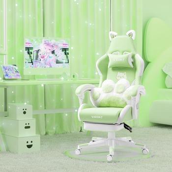Vigosit Cute Gaming Stuhl mit Katzenpfote Lendenkissen und Katzenohren, Ergonomischer Gamer Stuhl mit Fu&szlig;st&uuml;tze, Verstellbarer PC-Spielesessel f&uuml;r M&auml;dchen, Teenager, Kinder gr&uuml;n