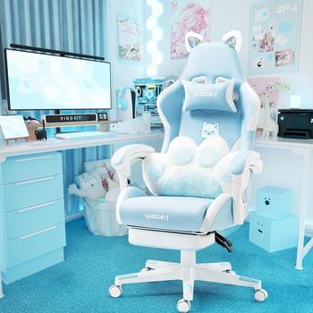 Vigosit Cute Gaming Stuhl mit Katzenpfote Lendenkissen und Katzenohren, Ergonomischer Gamer Stuhl mit Fu&szlig;st&uuml;tze, Verstellbarer PC-Spielesessel f&uuml;r M&auml;dchen, Teenager, Kinder blau