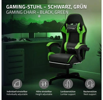 ML-Design Gaming Stuhl PU-Leder schwarz/grün – ML-Design Gaming Stuhl PU-Leder schwarz/grün für maximalen Sitzkomfort bei langen Sessions
