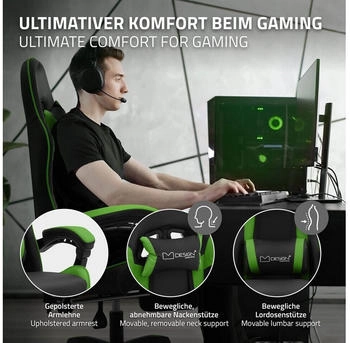 ML-Design Gaming Stuhl PU-Leder schwarz/grün – Ergonomische Anpassung für jede Körpergröße und Sitzposition