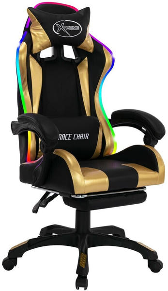 vidaXL Gaming-Stuhl mit RGB LED-Leuchten gold/schwarz Kunstleder mit Fußstütze