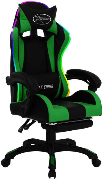 vidaXL Gaming-Stuhl mit RGB LED-Leuchten grün/schwarz Kunstleder mit Fußstütze