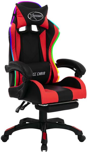 vidaXL Gaming-Stuhl mit RGB LED-Leuchten rot/schwarz Kunstleder mit Fußstütze