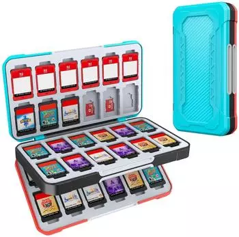 LuxusKollektion Aufbewahrungsbox f&uuml;r Nintendo Switch 2/Lite/OLED, 48 Game Card Slots, 24 Micro SD Slots, Carbon Fibre, blau/rot