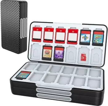 LuxusKollektion Spielkarten-Aufbewahrungsbox f&uuml;r Switch 2/OLED/Lite, 72 Slots, 24 Micro-SD-Slots, Carbonfaser schwarz