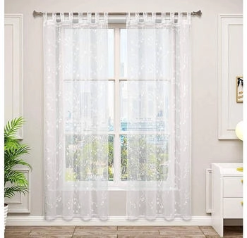 Woltu Gardine mit Schlaufen Leinen-Optik Blumen-Stickerei halbtransparent 140x175cm 2 Stk. weiß