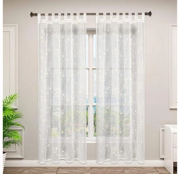 Woltu Gardine mit Schlaufen Leinen-Optik Blumen-Stickerei halbtransparent 140x225cm 2 Stk. beige