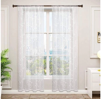 Woltu Gardine mit Kräuselband Leinen-Optik Stickerei halbtransparent 140x225cm 2 Stk. weiß