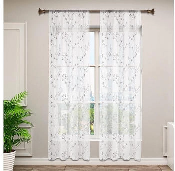 Woltu Gardine mit Kräuselband Leinen-Optik Stickerei halbtransparent 140x245cm 2 Stk. grau