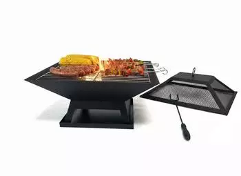Relaxdays Fire pit with grill, spark guard and poker 36 x 45 x 45 cm