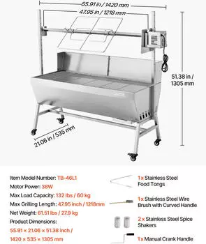VEVOR Rotisserie Grill 38W 60kg Edelstahl, 4 Höhenstufen (TB-46L1) – Drehspieß und Windschutz für gleichmäßiges Garen