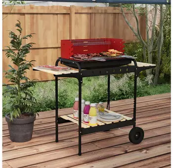 Outsunny Holzkohlegrill mit R&auml;der h&ouml;heverstellbar Grillrost Holzablage BBQ Smoker fahrbar Grillwagen f&uuml;r Barbeque Camping Terrasse 95 x 71,5 x 102 cm Rot