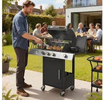 Outsunny Gasgrill inkl Seitenbrenner Flaschen&ouml;ffner Thermometer Gusseisen-Grillrost Gas- BBQ Grillwagen f&uuml;r Balkon Party