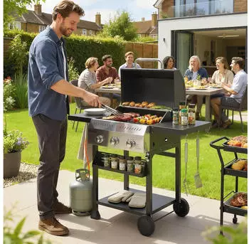 Outsunny Gasgrill inkl klappbar Seitentisch Gew&uuml;rzhalter Unterregal 6 Haken Gas- BBQ Grillwagen f&uuml;r Balkon Party