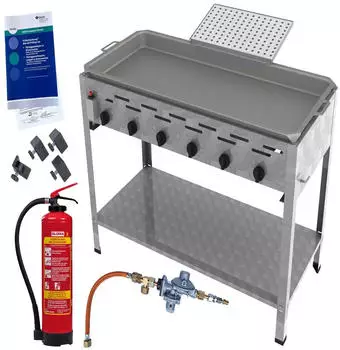 ChattenGlut Reibekuchenbräter 6-flammig 27kW mit Fettbrandlöscher GLORIA FA6 EASY Gasdruckprüfung Gewerberegler und Kartoffelpuffer Aufsatz (4062531182682)
