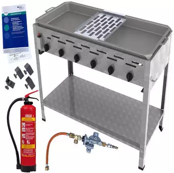 ChattenGlut Reibekuchenbräter 6-flammig 27kW mit Fettbrandlöscher GLORIA FA6 EASY Gasdruckprüfung Gewerberegler und Kartoffelpuffer Auflage (4062531182194)