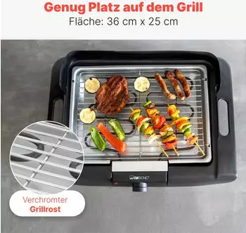 Clatronic BQ 3841 Elektro-Tischgrill 2000W Cool Touch (264848) – Verchromte Grillfläche mit praktischem Rost