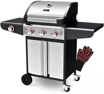 Deluke Gasgrill 3+1 Brenner mit Deckel DELO mit Handschuhe Grillwagen mit Seitenbrenner Campinggrill mit Seitenablage Thermometer