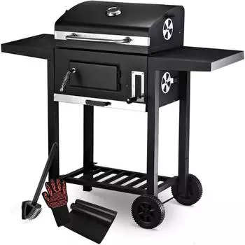 Deluke Holzkohlegrill mit Deckel OLLI [Inkl. Grillmatte B&uuml;rste & Handschuhe] Grillwagen Edelstahl-Griff Standgrill Kohlegrillwagen schwarz Metall DHH100