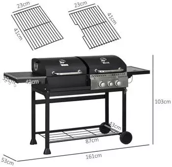 Outsunny Holzkohlgrill Gasgrill mit 2+1 Brenner Thermometer Haken Schwarz – Balkon-geeignetes Design mit durchdachter Ausstattung