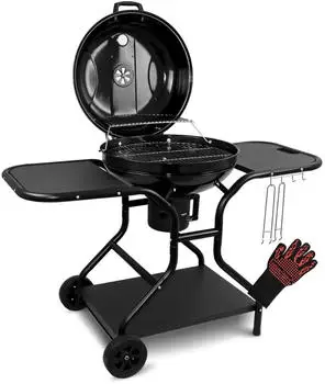 Deluke Kugelgrill Holzkohle EUGEN mit Handschuhe Haken BBQ Holzkohlegrill mit Klappbarem Deckel 55cm Grillwagen Schwarz