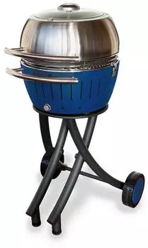 LotusGrill Holzkohlegrill XL Gartengrill Set Tiefblau, Grillwagen & Grillhaube, Edelstahl