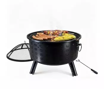 Relaxdays Feuerschale mit Grillrost und Funkenschutz, Metall, Schwarz, 66x62x66cm