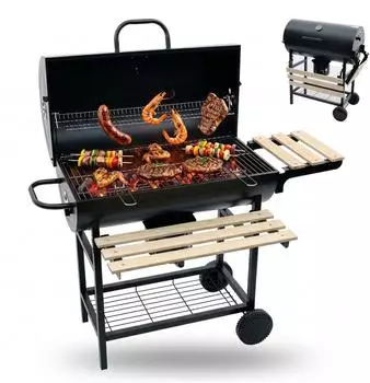 Relaxdays Holzkohlegrill Grillwagen XXL mit Deckel und Thermometer, schwarz/natur