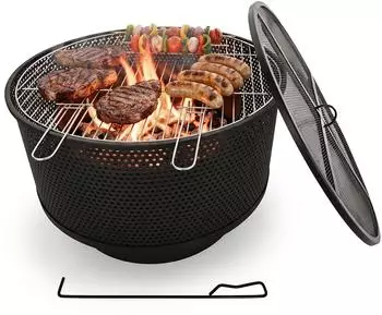 Relaxdays Feuerschale mit Grillrost, Metall, Schwarz, 61x38x61cm