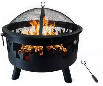 Relaxdays Feuerschale mit Funkenschutz, Stahl, &Oslash;64cm, Flammen-Motiv