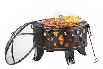 Relaxdays Feuerschale &Oslash;66cm mit Grillrost, Funkenschutz & Sch&uuml;rhaken, schwarz/bronze