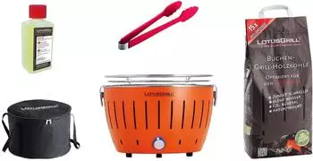 LotusGrill Holzkohlegrill S Small Starter-Set, raucharmer, mandarinenorange, 5-teilig
