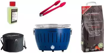 LotusGrill S Small Kompakt Starter-Set, raucharmer Holzkohlegrill, tiefblau
