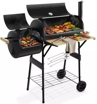 TecTake Holzkohlegrill Smoker 2-in-1 mit Thermometer, 2 Kammern, schwarz (406666)