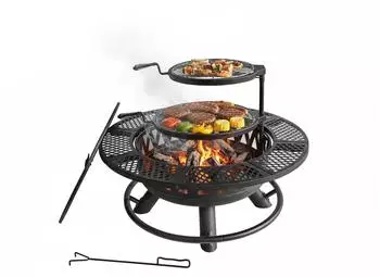Relaxdays Feuerschale &Oslash;92cm mit 2 verstellbaren Grillrosten, Deckel & Abdeckung, schwarz