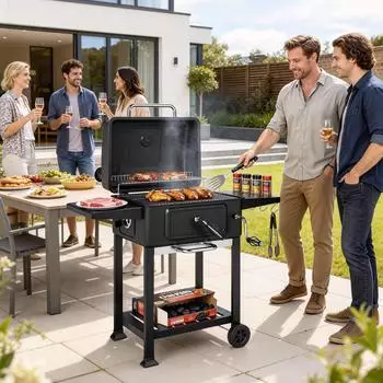 Outsunny Holzkohlegrill BBQ Smoker mit Deckel, Thermometer, h&ouml;henverstellbar