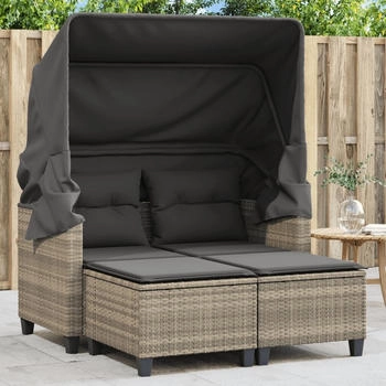 vidaXL Gartensofa 2-Sitzer mit Dach und Hockern Hellgrau Poly Rattan (365786) grau