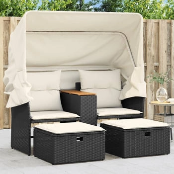 vidaXL Gartensofa 2-Sitzer mit Dach und Hockern Schwarz Poly Rattan (365800) schwarz