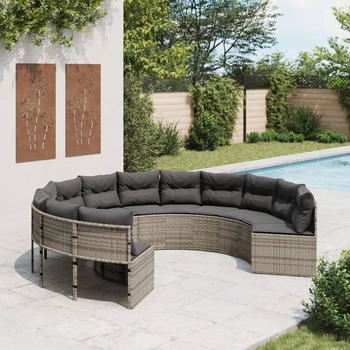 vidaXL Gartensofa mit Kissen Rund Grau Poly Rattan (3318541) grau