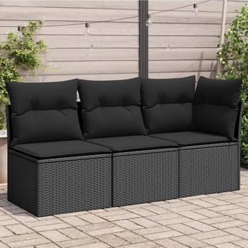 vidaXL Gartensofa mit Kissen 3-Sitzer Schwarz Poly Rattan (365987) schwarz